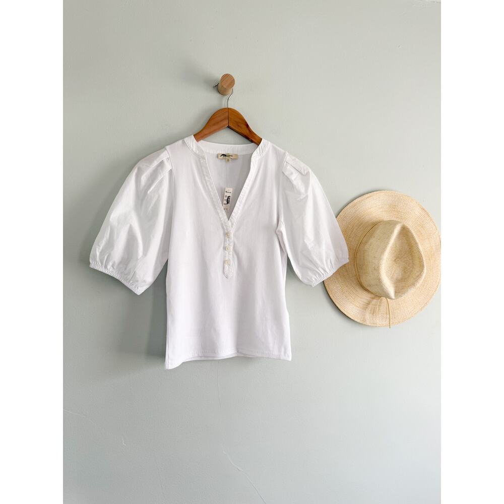 Madewell | NWT Puff Sleeve Henley Knit Top White Short Sleeve | Sz XS